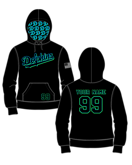 Quimby - Dolphins - Longsleeve Sublimated Hoodie - Black (3 week turn time)