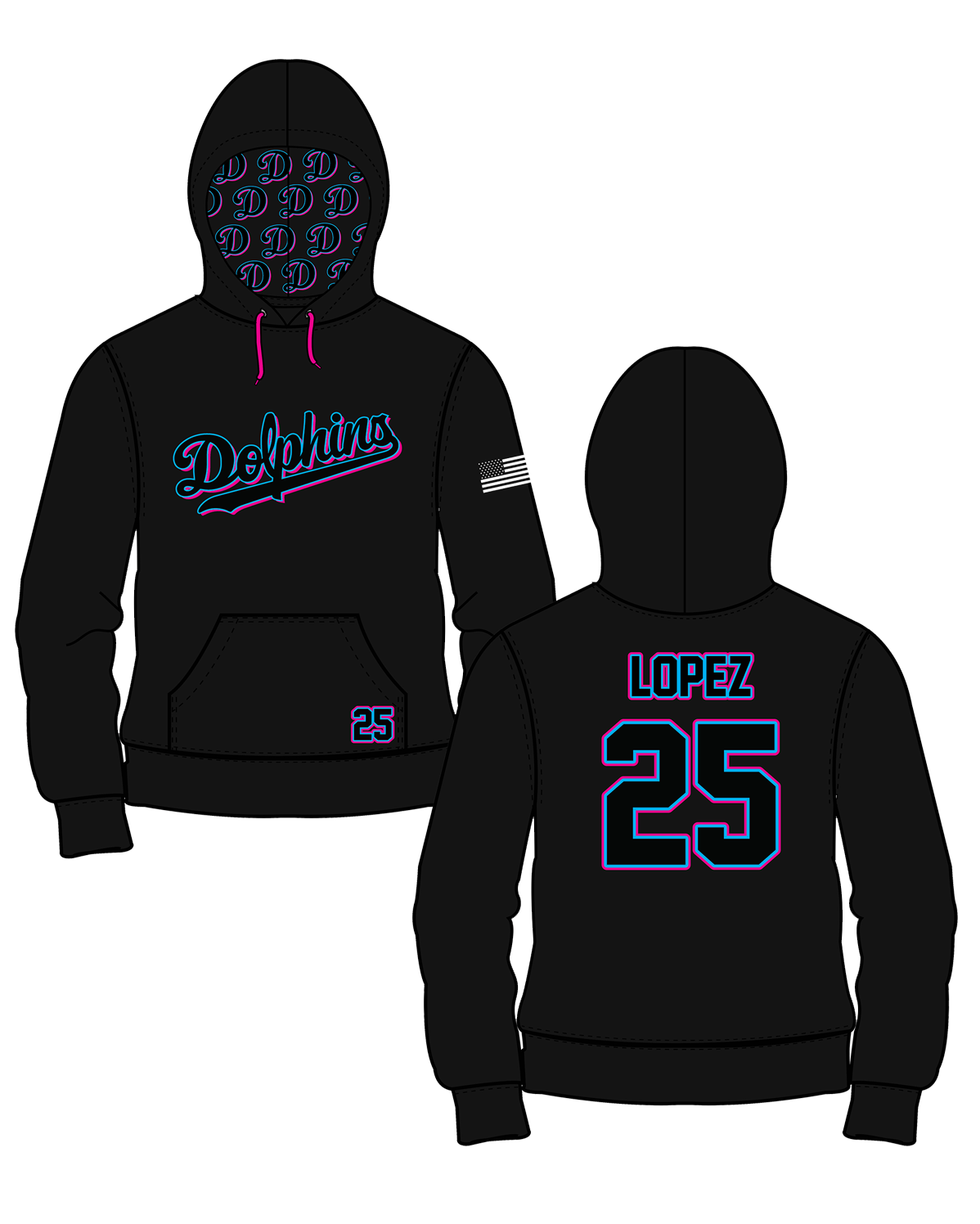 Dolphins - Longsleeve Sublimated Hoodie - Black (3 week turn time)
