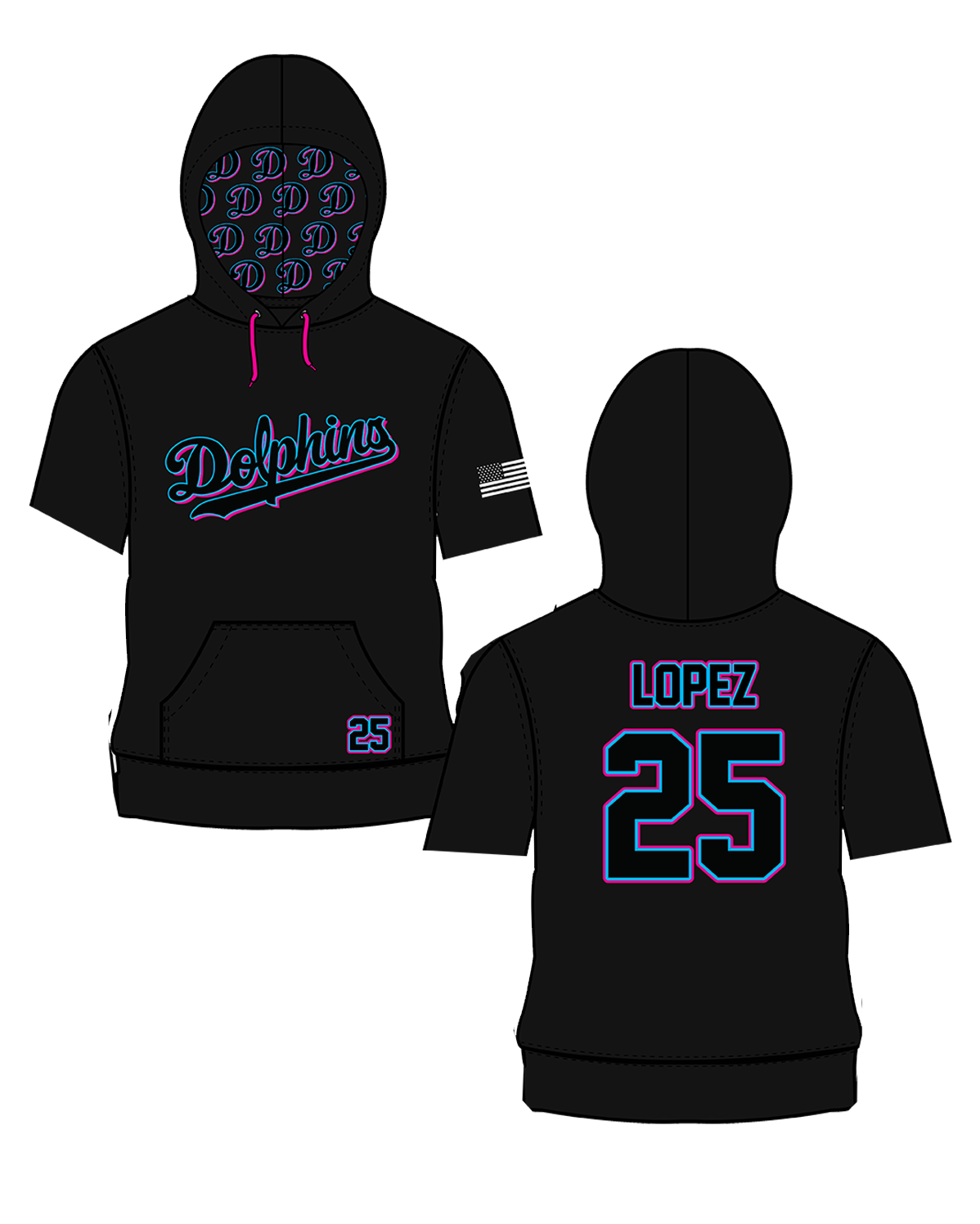 Dolphins - Shortsleeve Sublimated Hoodie - Black (3 week turn time)